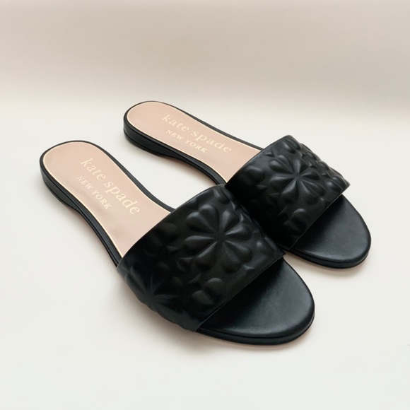 Kate Spade Emmie Floral Embossed Slide Sandals Black Leather Flat Mules 9.5 - Picture 13 of 13